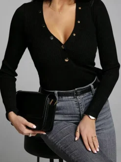 Knit Layering Top Long Sleeves Buttons Solid Color Fall Winter Undershirt For Women