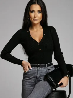 Knit Layering Top Long Sleeves Buttons Solid Color Fall Winter Undershirt For Women