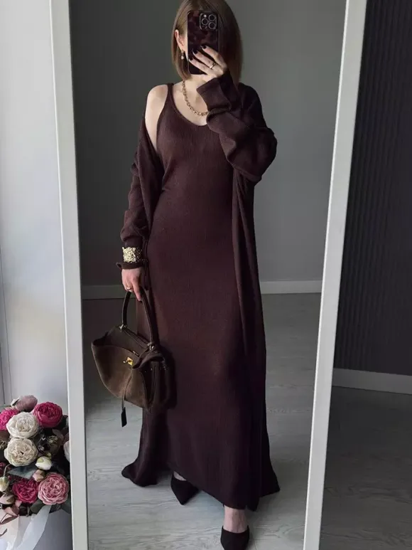 Knit 3-piece Co-ord Set Maxi Dress And Long Cardigan And Slip Dress For Women 2026