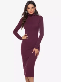 Knitted Dress For Women Comfy Polyester Long Sleeves High Collar