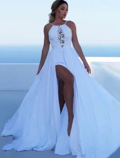Lace Bodice Illusion Maxi Gown - High Slit Formal A-Line Dress - Summer Special Event Party 2026