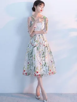 Lace Cocktail Dress 2026 Short Floral Print Cocktail Dress Illusion Half Sleeve Tea Length Party Dress