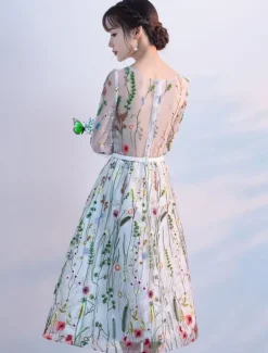Lace Cocktail Dress 2026 Short Floral Print Cocktail Dress Illusion Half Sleeve Tea Length Party Dress