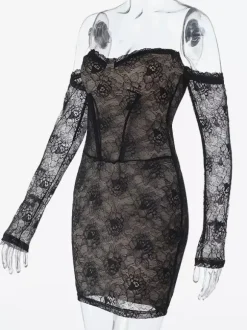 Lace Corset Dress For Women - Black Off Shoulder Long Sleeve Bodycon Mini Dress - Spring Clubwear Evening Party 2026