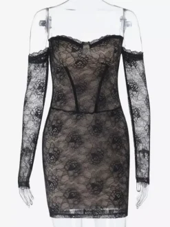 Lace Corset Dress For Women - Black Off Shoulder Long Sleeve Bodycon Mini Dress - Spring Clubwear Evening Party 2026