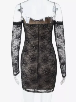Lace Corset Dress For Women - Black Off Shoulder Long Sleeve Bodycon Mini Dress - Spring Clubwear Evening Party 2026