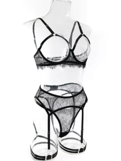 Lace Cupless Lingerie Lace Black Bra Panty 4-Piece Sets