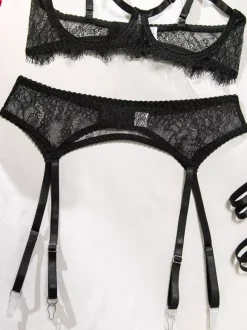 Lace Cupless Lingerie Lace Black Bra Panty 4-Piece Sets
