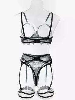 Lace Cupless Lingerie Lace Black Bra Panty 4-Piece Sets
