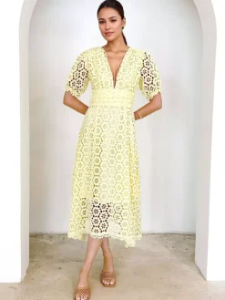 Lace Dress V-neck Puff Sleeve A-line Midi Dress For Women 2026
