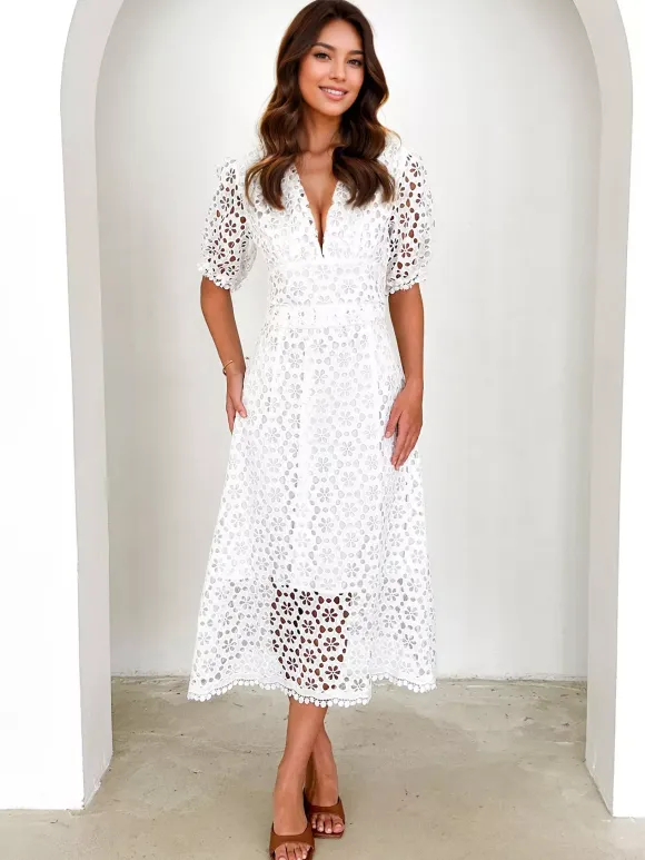 Lace Dress V-neck Puff Sleeve A-line Midi Dress For Women 2026