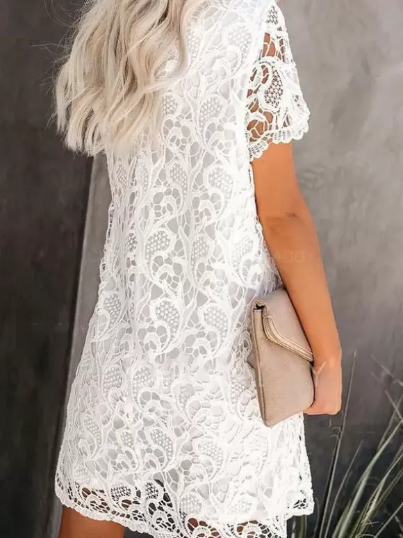 Lace Dresses White Jewel Neck Short Sleeves Oversized Lace Casual Dresses