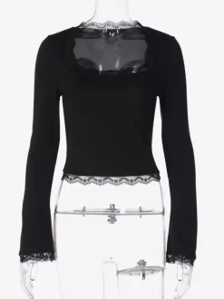 Lace Edge Square Neck Flare Sleeve Slim Basic Long Sleeve Top