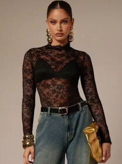 Lace Floral Mock Neck Long Sleeve Slim Fit Bodysuit For Women 2026