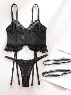 Lace Lingerie Black 2-Piece Black Sheer Mesh Lace Bustier Bra Panty Garter Straps Sets
