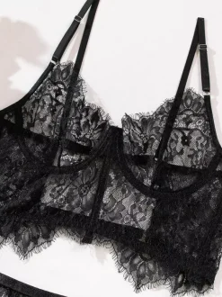 Lace Lingerie Lace Up Black Bra Panty 3-Piece Sets