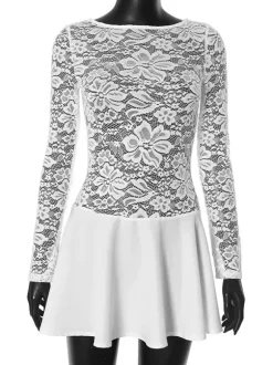 Lace Overlay A-line Dress Sheer Long Sleeve Mini Party Dress For Women 2026