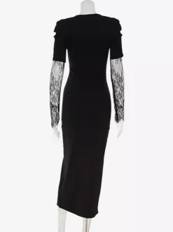 Lace Patchwork Deep V-Neck High Slit Bodycon Midi Dress For Women 2026