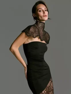 Lace Patchwork Mock Neck High Slit Bodycon Maxi Dress For Women 2026