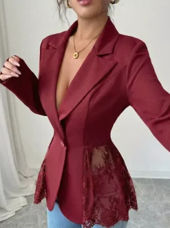 Lace Patchwork Women's Blazer Jacket - Sexy Sheer Hem Slim Fit - Spring Night Out Party Outerwear 2026