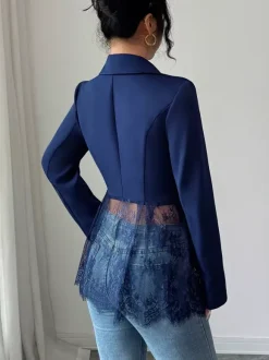 Lace Patchwork Women's Blazer Jacket - Sexy Sheer Hem Slim Fit - Spring Night Out Party Outerwear 2026