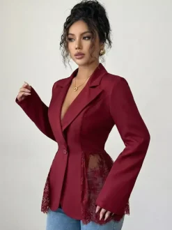 Lace Patchwork Women's Blazer Jacket - Sexy Sheer Hem Slim Fit - Spring Night Out Party Outerwear 2026