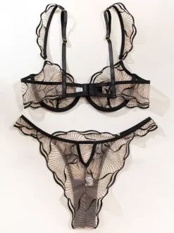 Lace See Through Lingerie Artwork Black 2-Piece Bra Panty Sets