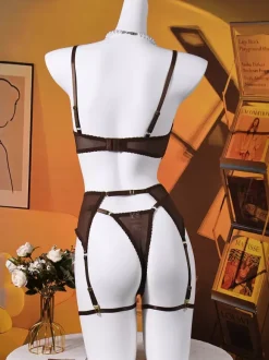 Lace Sheer Lingerie Eyelash Lace Coffee Brown Bra Garter Thong 4-Piece Sets
