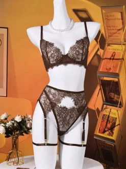 Lace Sheer Lingerie Eyelash Lace Coffee Brown Bra Garter Thong 4-Piece Sets