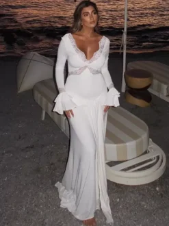Lace Trim V Neck Maxi Dress For Women - White Boho Long Sleeve Trumpet Cuff Bodycon Gown - Spring Beach Bridal Party 2026