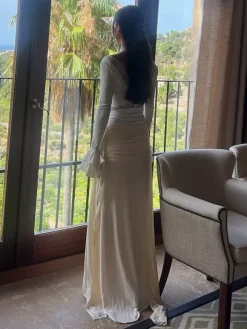 Lace Trim V Neck Maxi Dress For Women - White Boho Long Sleeve Trumpet Cuff Bodycon Gown - Spring Beach Bridal Party 2026
