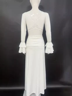 Lace Trim V Neck Maxi Dress For Women - White Boho Long Sleeve Trumpet Cuff Bodycon Gown - Spring Beach Bridal Party 2026
