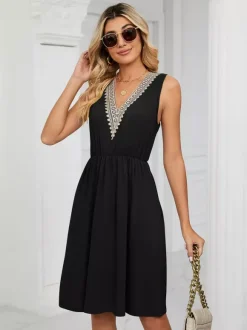 Lace V Neck Midi Dress for Women - Sleeveless A-Line Swing Sundress with Pockets - Summer Daily Casual 2026