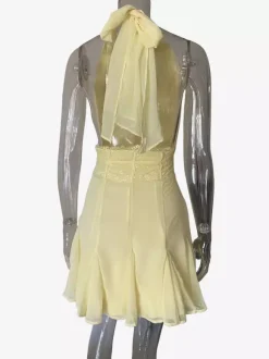 Lace Waist Halter Deep V Neck Pleated Chiffon Party Mini Dress For Women 2026