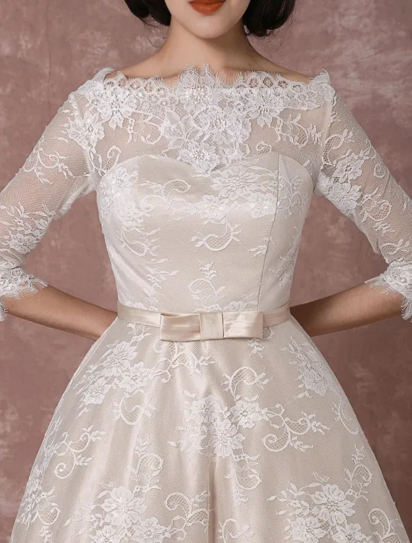 Lace Wedding Dress Vintage Bateau Champagne Half Sleeves Bridal Gown A Line Backless Tea Length Sash Reception Bridal Dress Free Customization