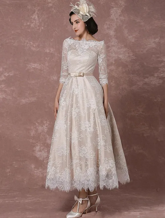 Lace Wedding Dress Vintage Bateau Champagne Half Sleeves Bridal Gown A Line Backless Tea Length Sash Reception Bridal Dress Free Customization