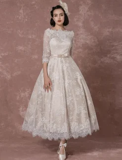 Lace Wedding Dress Vintage Bateau Champagne Half Sleeves Bridal Gown A Line Backless Tea Length Sash Reception Bridal Dress Free Customization