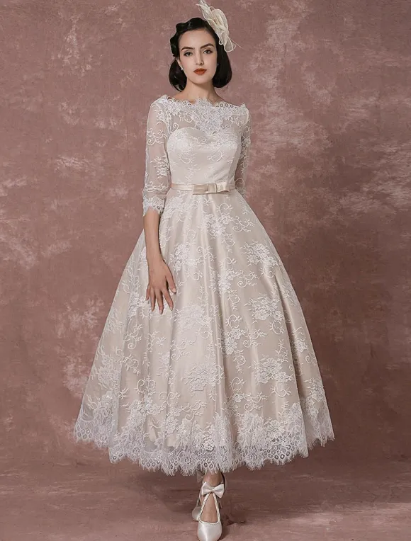 Lace Wedding Dress Vintage Bateau Champagne Half Sleeves Bridal Gown A Line Backless Tea Length Sash Reception Bridal Dress Free Customization