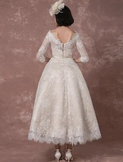 Lace Wedding Dress Vintage Bateau Champagne Half Sleeves Bridal Gown A Line Backless Tea Length Sash Reception Bridal Dress Free Customization