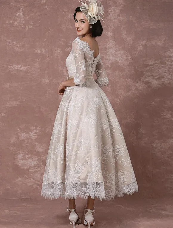 Lace Wedding Dress Vintage Bateau Champagne Half Sleeves Bridal Gown A Line Backless Tea Length Sash Reception Bridal Dress Free Customization