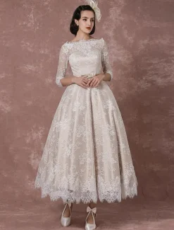 Lace Wedding Dress Vintage Bateau Champagne Half Sleeves Bridal Gown A Line Backless Tea Length Sash Reception Bridal Dress Free Customization