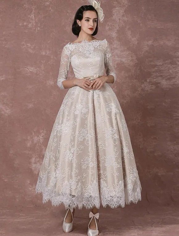Lace Wedding Dress Vintage Bateau Champagne Half Sleeves Bridal Gown A Line Backless Tea Length Sash Reception Bridal Dress Free Customization