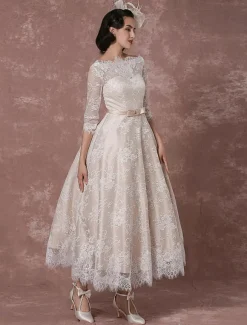 Lace Wedding Dress Vintage Bateau Champagne Half Sleeves Bridal Gown A Line Backless Tea Length Sash Reception Bridal Dress Free Customization