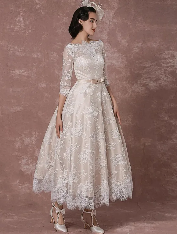 Lace Wedding Dress Vintage Bateau Champagne Half Sleeves Bridal Gown A Line Backless Tea Length Sash Reception Bridal Dress Free Customization