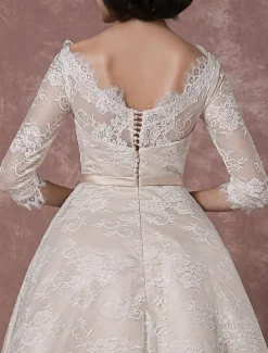 Lace Wedding Dress Vintage Bateau Champagne Half Sleeves Bridal Gown A Line Backless Tea Length Sash Reception Bridal Dress Free Customization
