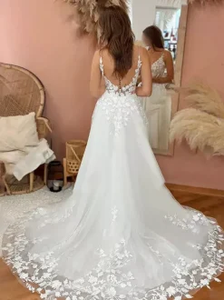 Lace Wedding Dress With Train A-Line Sleeveless Tulle V-Neck Bridal Gowns