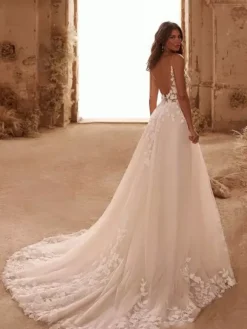 Lace Wedding Dress With Train A-Line Sleeveless Tulle V-Neck Bridal Gowns
