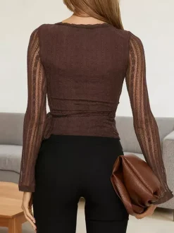 Lace Wrap V Neck Blouse For Women - Brown Vintage Long Sleeve Slim Fit Cropped Top - Spring Casual Daily Wear 2026