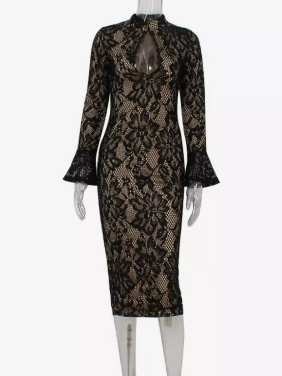 Lace Bodycon Midi Dress For Women - Black Vintage Keyhole Bell Sleeve Back Slit Sheath Dress - Spring Cocktail Party 2026