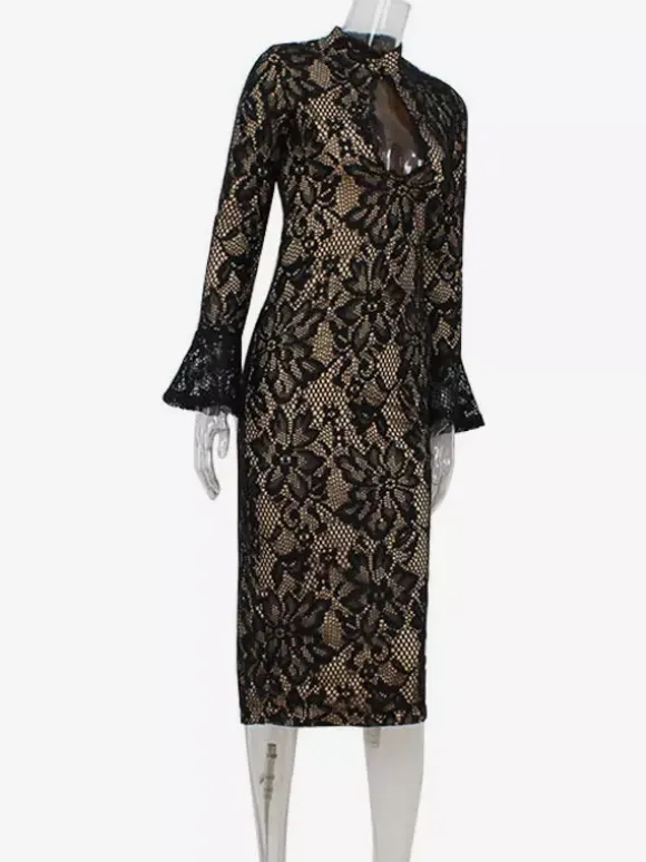 Lace Bodycon Midi Dress For Women - Black Vintage Keyhole Bell Sleeve Back Slit Sheath Dress - Spring Cocktail Party 2026